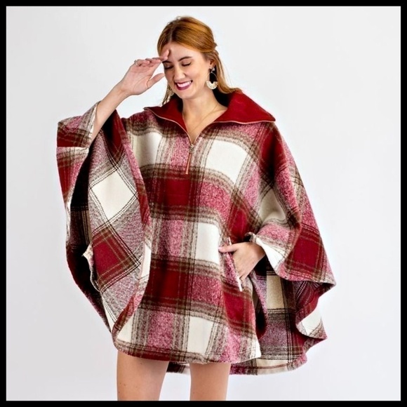 Easel Ultra Lux Cozy Red Plaid Wool Blend Poncho Cape Zippered Neck NWT - Picture 4 of 15